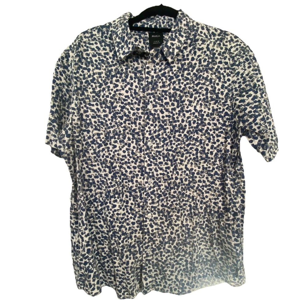 RVCA Men's Slim Fit Abstract Short Sleeve Blue White Button Front‎ Shirt Size L